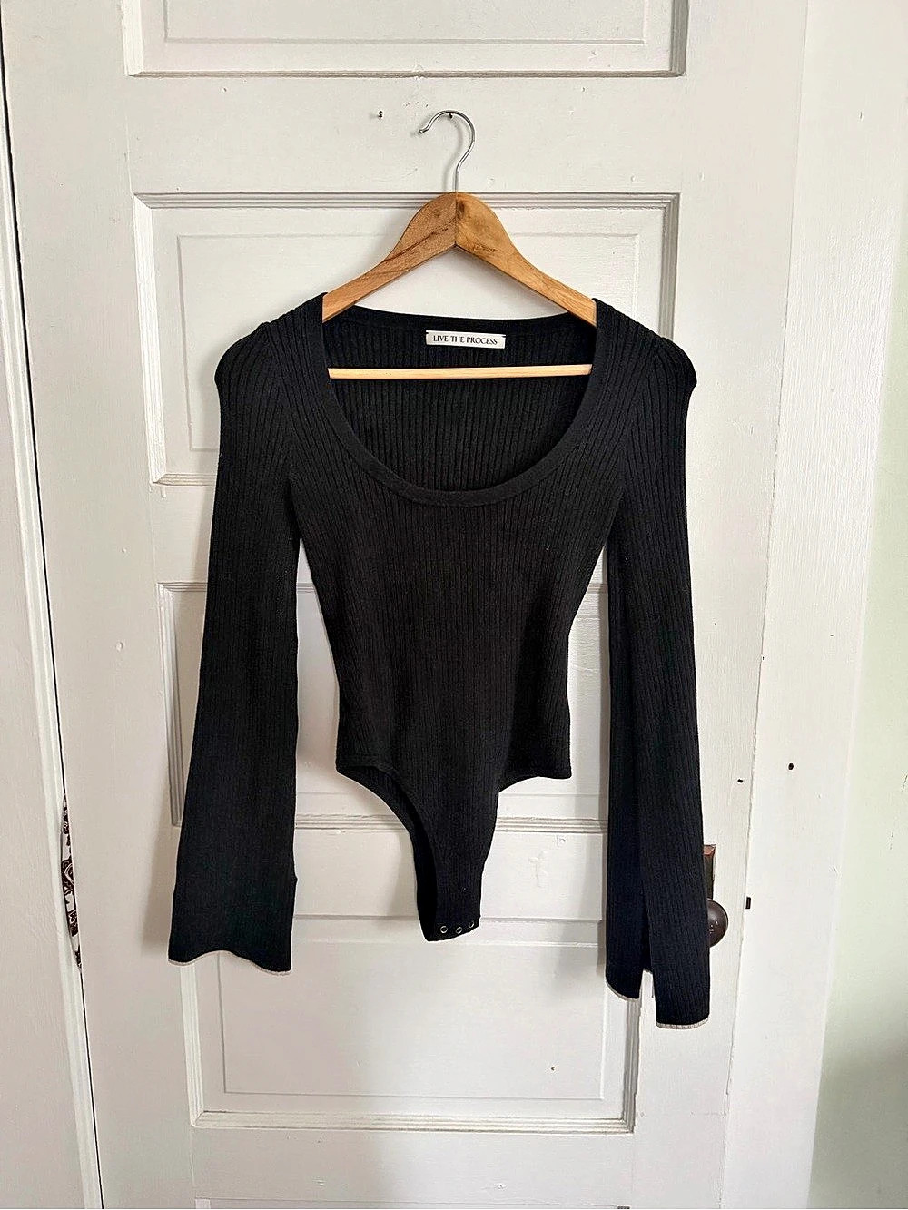 Live The Process Black Ribbed Long Sleeve Bodysuit